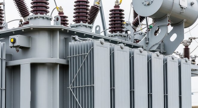 Detailed macro shot of a large metal industrial transformer unit at a power substation, featuring cooling fins and heavy steel hardware, supply, substation, texture