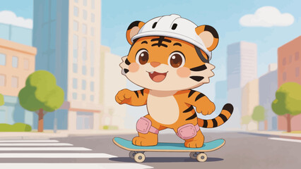 Cute tiger skateboarding in city © NML