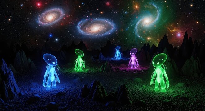 Glowing extraterrestrial lifeforms stand on a rugged rocky surface under a vast cosmic sky featuring distant galaxies and colorful nebulae, space, stars, lifeform