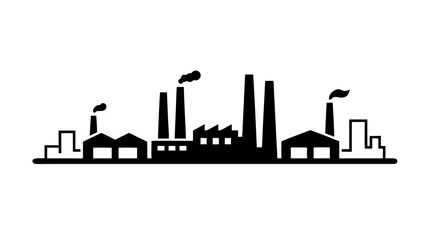 Obraz premium Black silhouette vector illustration of an industrial factory building and manufacturing refinery within an urban city skyline design