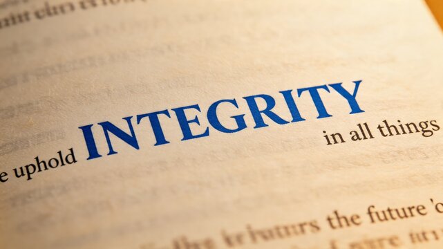 This stock photo features a close-up view of a dictionary page with the word integrity prominently displayed in blue text. The conveys a sense of ethics, morality, and trustworthiness, making it
