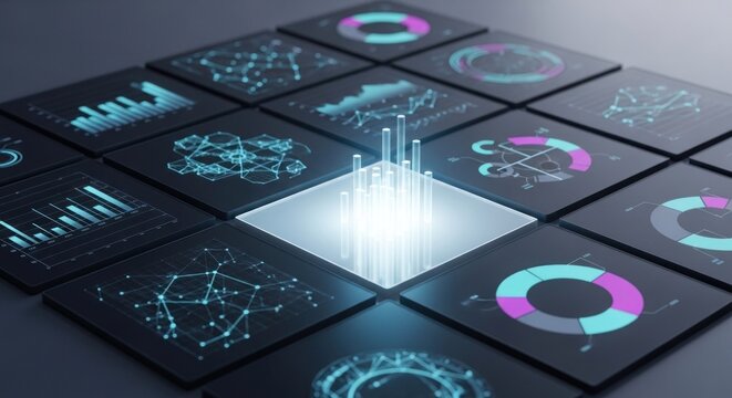 Glowing data grid of analytics dashboards