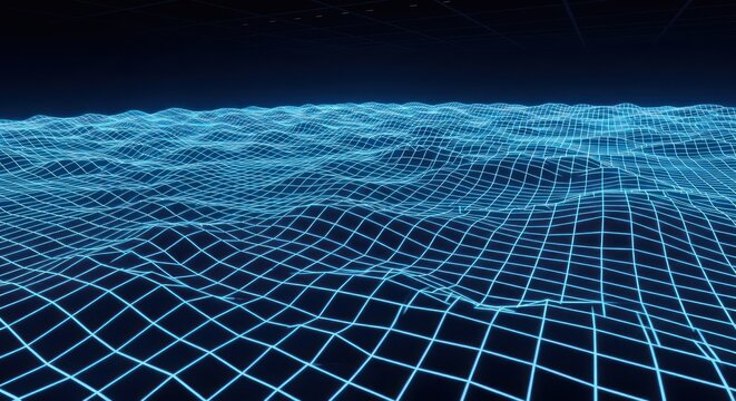 Glowing grid surface with digital waves