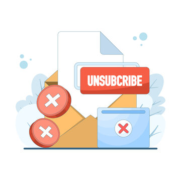 Email marketing unsubscribe illustration with removed subscription button and torn email design, representing data privacy, consent management, and audience list hygiene.