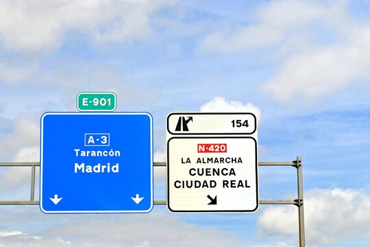 A road sign on the A-3 highway shows the directions to Taranc&oacute;n and Madrid, as well as exit 154 for Ciudad Real ,April 29, 2026