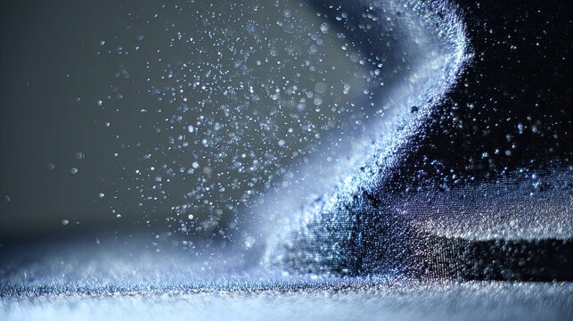 Abstract blue water droplets falling and splashing across a dark, textured surface, creating a dynamic dance of light and shadow with shimmering bokeh