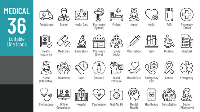
Medical Line Editable Icons set. Vector illustration in modern thin line style of general medical icons: signs and symbols of medicine and pharmacology, hospital, doctor, tests, etc. Isolated on whit
