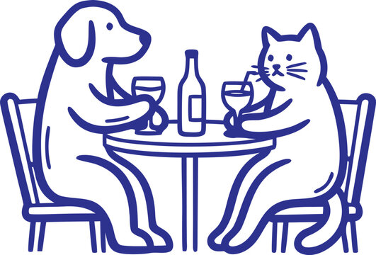 Dog and cat sitting at a table drinking wine together