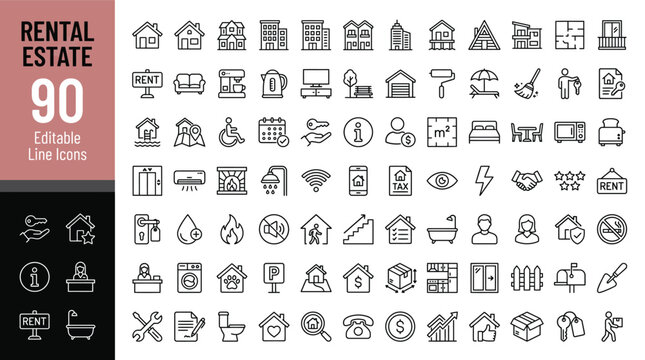 Rental Estate Line Editable Icons set. Vector illustration in modern thin line style of real estate related icons: property types, characteristics, documents, and more. Pictograms and infographics.