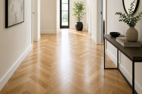 Elegant herringbone wood flooring in a modern home hallway, natural oak planks creating a sophisticated pattern; contemporary interior design and architectural detail for residential spaces