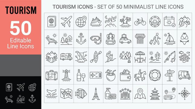Tourism Line Editable Icons set. Vector illustration in modern thin style of travel related icons: vacation, entertainment, attractions, and more. Isolated on transparent background.