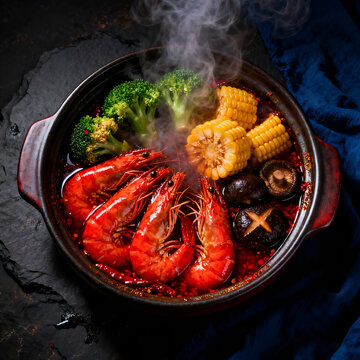 Professional food photography of spicy seafood hot pot with prawns, broccoli, corn, and mushrooms, featuring rising steam and dramatic moody lighting for restaurant branding.