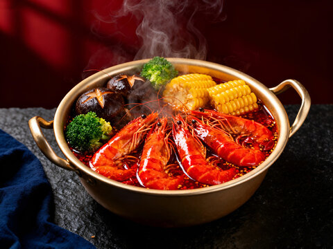 Professional food photography of spicy seafood hot pot with prawns, broccoli, corn, and mushrooms, featuring rising steam and dramatic moody lighting for restaurant branding.