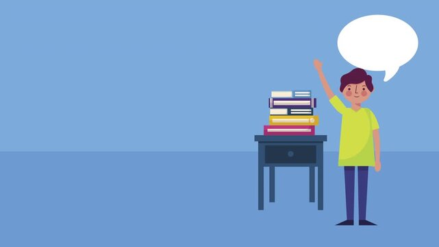 Cartoon boy waving hand with school books on table and speech bubble animation.