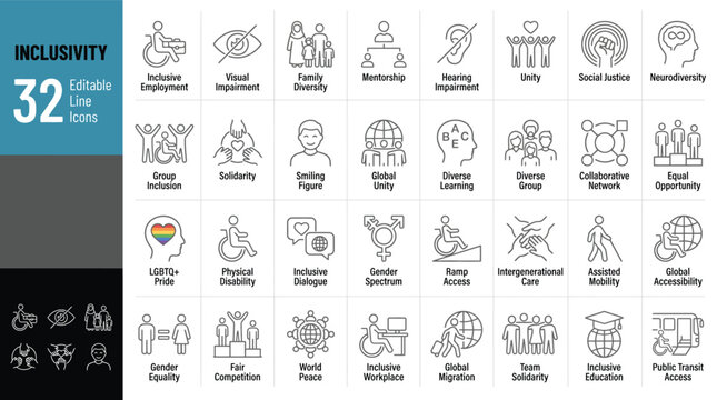 
Inclusivity Editable Icons set. Vector illustration in modern thin line style of diversity related icons: gender, social, ethnic equality, and more. Isolated on transparent background.
