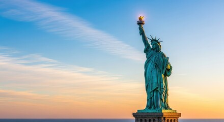 Fototapeta premium A majestic copper green monument stands tall against a vibrant blue sky near the ocean, holding a torch high during a peaceful sunrise, iconic, copper, monument