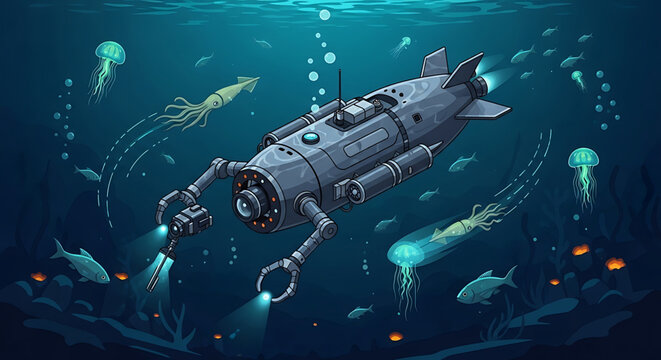 Underwater exploration submarine robot with mechanical arms and searchlights in deep ocean with marine life