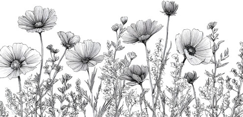 Naklejka premium line art of wildflowers, hand-drawn style, simple design, , on a transparent background.