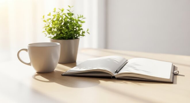 A minimalist desk features a ceramic tea cup, an open blank notebook, and a green plant bathed in soft, warm natural morning sunlight, notebook, blank, composition
