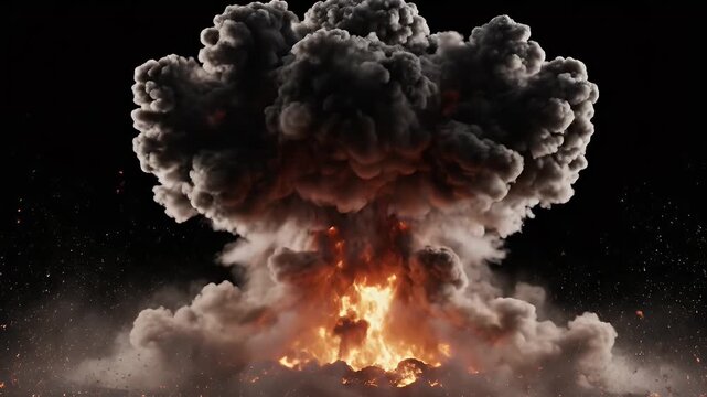 A dramatic explosion erupts against a dark background, showcasing a powerful burst of fire and debris.