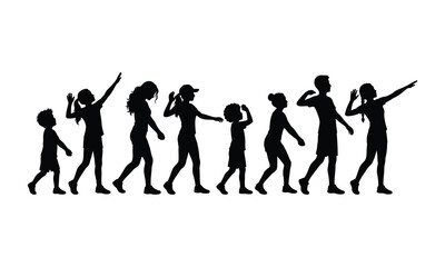 Obraz premium Silhouette of diverse people walking together, men, women, and children, isolated