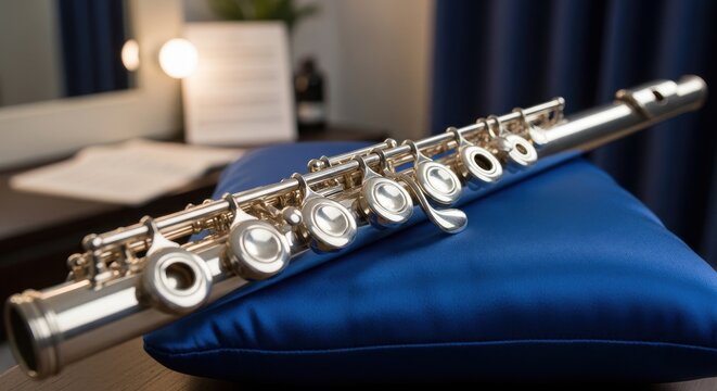 Gleaming silver flute with intricate keywork resting on a rich blue satin cushion, a masterpiece of musical craftsmanship ready to produce beautiful melodies.