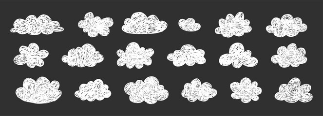 Fototapeta na wymiar Crayon cloud set hand drawn naive kids, baby, school background design. Childlike scribble white chalk clouds drawn on blackboard, kid drawings. 