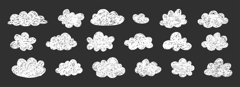 Crayon cloud set hand drawn naive kids, baby, school background design. Childlike scribble white chalk clouds drawn on blackboard, kid drawings. 
