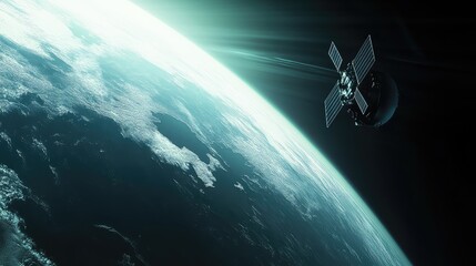 Fototapeta premium Satellite with solar panels maintaining orbit above a planet's illuminated horizon, facilitating worldwide communication and broadcasting across the vastness of space