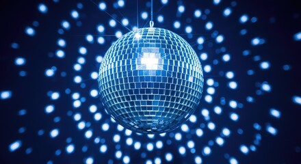 Obraz premium A vibrant blue disco ball sparkles with shiny light reflections and glitter particles, creating a festive atmosphere for music and dance, blue, round, glow