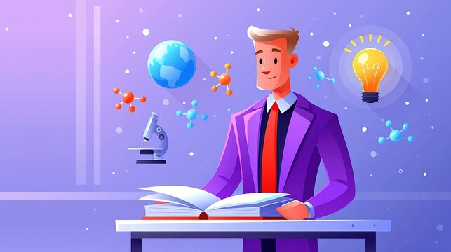Science mentor presenting open book with floating educational symbols in classroom
