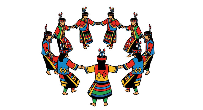 Indigenous people dancing in a circle holding hands, traditional colorful clothing and feather headdresses, cultural celebration illustration