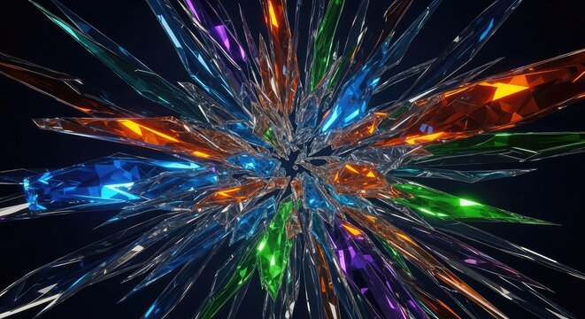 Abstract composition of crystalline glass shards exploding in mid-air with sharp edges, creating a dynamic texture for dark background overlays, scattered, abstract, broken