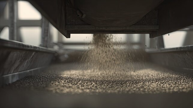 Grain falling from an industrial feeder machine onto a moving conveyor belt, part of an automated factory system used for processing and transporting agricultural commodities and food production