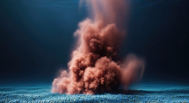 Conceptual deep sea view showing mineral nodules on the ocean floor obscured by a rising sediment cloud from industrial mining operations, subsea, future industry, nickel