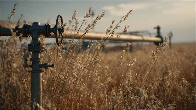 Industrial pipeline stretching across a vast dry field with tall grass, highlighting the intersection between human infrastructure and natural landscapes under a clear sky