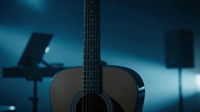 Close up of an Acoustic Guitar Body Illuminated in a Moody Blue Studio Setting for Musical Performance