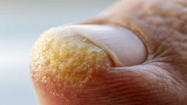 A fungus growing on a toenail shows signs of a fungal nail infection in daylight on a human foot. A close-up of a toenail showing the fungal growth. The nail is a key element, with visible layers and 