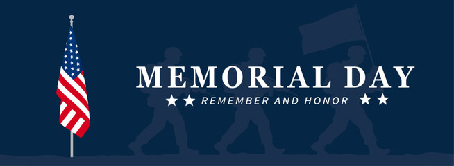 Memorial Day Remember and Honor Navy Blue Banner with American Flag Pole and Marching Soldier Silhouettes – Patriotic Military Tribute Banner for Website Header, greeting card, Poster, Flyer © AFRAN STUDIO