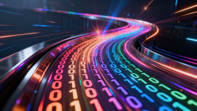 Colorful binary code stream in digital tunnel