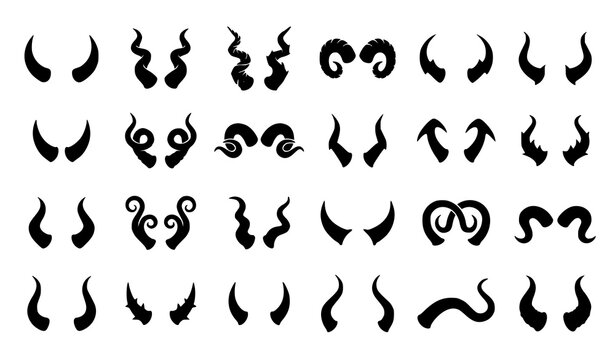 Set of black devil horn silhouettes vector collection with curved demon horn shapes for Halloween and horror design isolated on white background