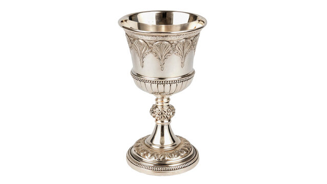 Elegant antique silver goblet or chalice with intricate carvings for luxury dining and historic concepts isolated on transparent background cut out