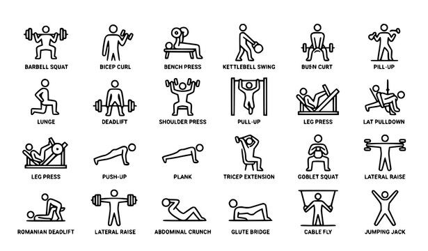 Gym and fitness training icon set with weightlifting exercises dumbbells barbell and workout machines line editable stroke vector illustration