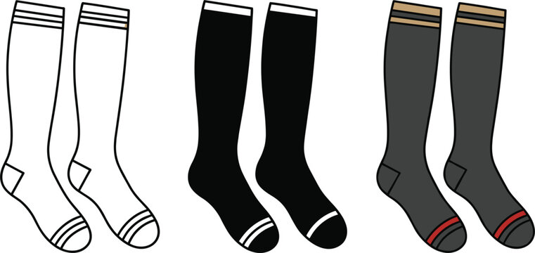 Sporty Long Socks Vector Set Featuring Three Different Color Variations for Athletic Wear, Fitness Apparel, Football Gear, and Casual Fashion Footwear Graphic Designs