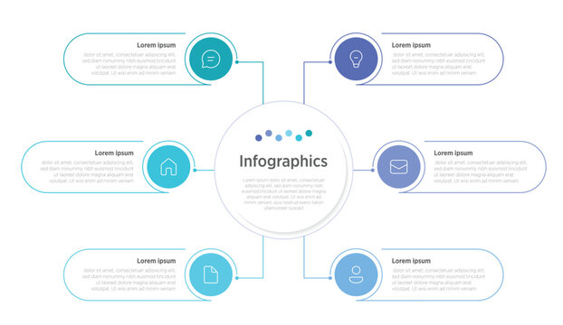 Dynamic 6-infographic layout arranged in a unified circle, designed to highlight processes, concepts, or timelines with organized space for custom text and icons.