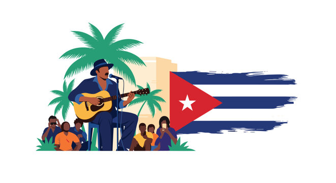 Talented musician playing acoustic guitar and singing for a crowd in Cuba with palm trees and national flag decorating the tropical scene.
