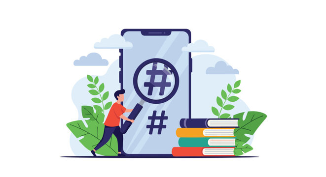Man using a giant magnifying glass to search for hashtags on a large smartphone screen surrounded by books and plants.