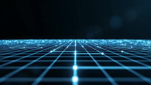 A futuristic, glowing grid pattern stretches into the distance, creating a sense of depth and technological advancement against a dark background.