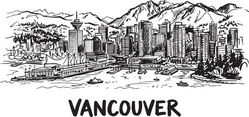 Obraz premium Vancouver skyline cityscape with mountains in the background sketch style in outline style landscape