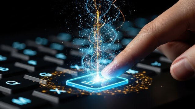 Finger pressing glowing enter key with digital energy particles keyboard pushing